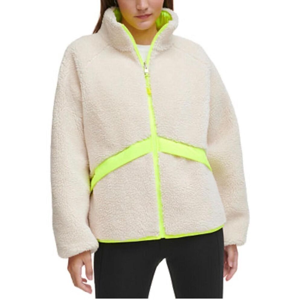 nwt ck calvin klein performance fleece reversible neon yellow jacket coat sherpa